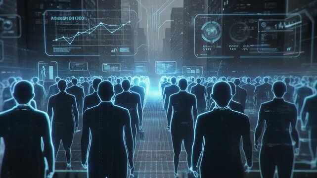Futuristic digital crowd of glowing people with data analytics and technology interface background