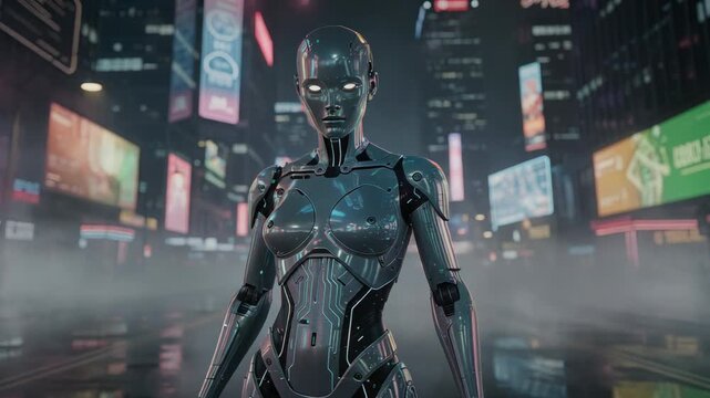 Futuristic humanoid robot with glowing eyes standing in a neon cityscape at night with mist and reflections