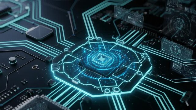 Close up of futuristic microchip circuit board with glowing blue lines and digital interface technology