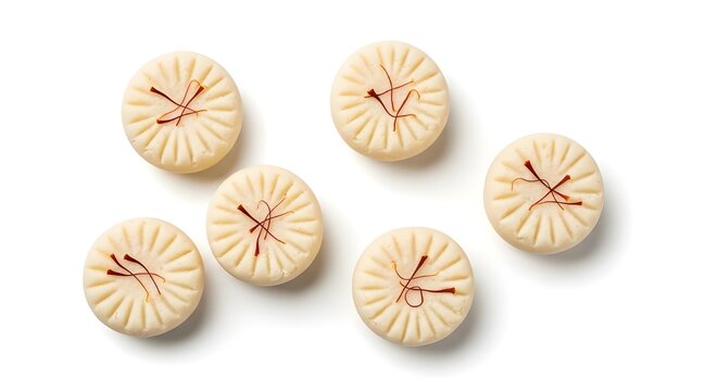 Indian White Pedha Sweets with Saffron Threads Top View isolated PNG with Transparent Background