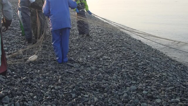 海岸から網を引く漁師