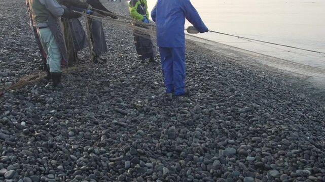 海岸から網を引く漁師