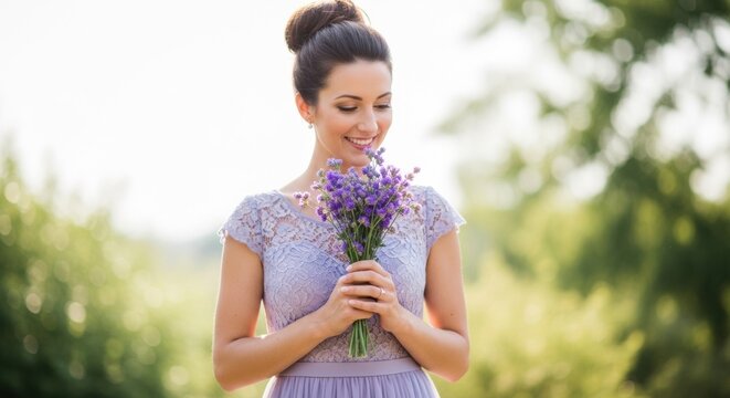 Joyful woman with a top knot hairstyle wearing a light purple lace dress gently smelling a bouquet of vibrant purple lavender flowers in a sun drenched garden with soft blurred