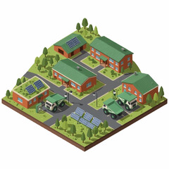 Fototapeta premium Isometric Green Energy Community with Solar Panels and Eco-Friendly Vehicles.