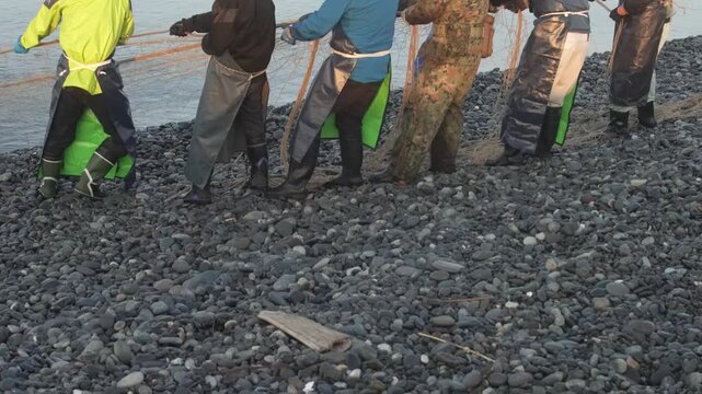 海岸から網を引く漁師