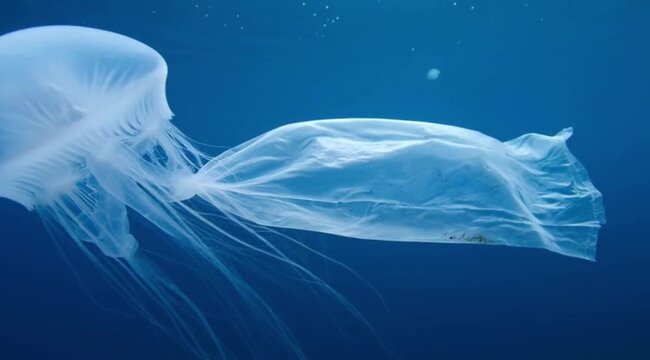 A beautiful translucent jellyfish swims through deep blue water, dangerously close to a floating plastic bag.