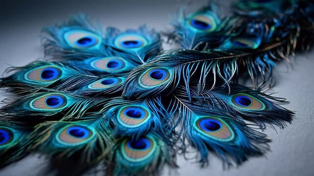 Blue peacock feathers on surface