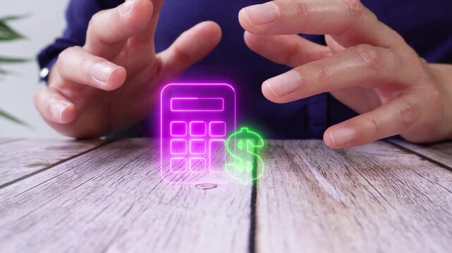 Numerical control of money. Close-up of a pair of hands on a table, protecting a virtual calculator icon with a dollar sign.