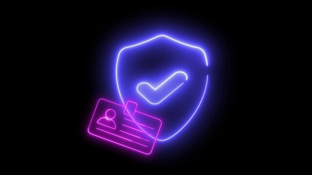 Neon light animation of a shield icon with a check mark, protecting an ID card. Ideal for digital security and privacy.