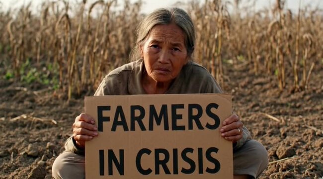 Elderly Asian woman in a dry field holds a sign declaring 'Farmers in Crisis' with a somber expression.