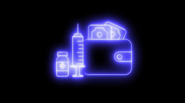 Animated neon light effect wallet icon with vaccines and medications. The image suggests health, costs, or treatment expenses.