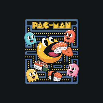 Pacman video game parody character eating sushi roll in retro arcade maze illustration