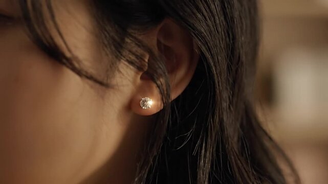 Close-up of a woman's earlobe adorned with a sparkling diamond stud earring