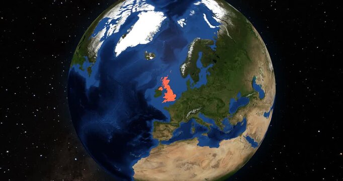 United Kingdom on the Globe. Zoom into the country with the Earth spinning in space. High detail physical world map with United Kingdom on it. Elements of this animation furnished by NASA.