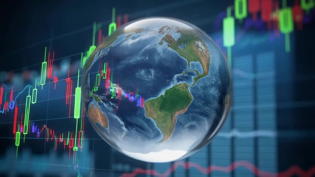Global financial market trends with stock charts and world map representing international economy and investment analysis