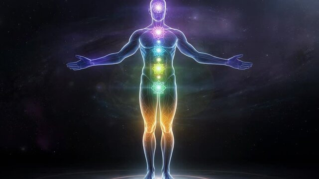 Human body with glowing chakra energy centers and spiritual light in cosmic space background