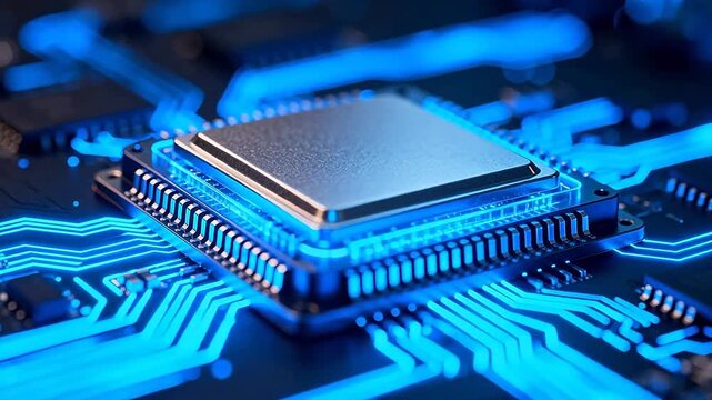 Closeup of a glowing computer chip