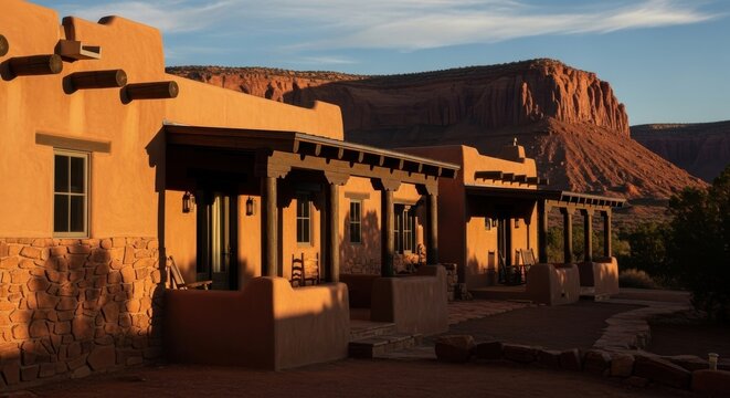 Southwestern territorial style adobe dwelling nestled against a dramatic desert mountain landscape at sunset