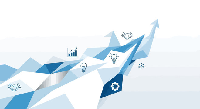 Abstract illustration of upward arrow and business icons on white background