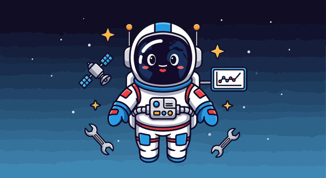 Astronaut cartoon character in space with satellite and tools illustration