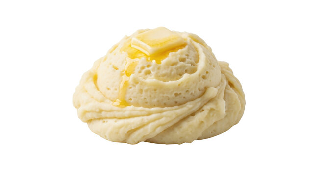 Creamy mashed potatoes with melted butter and dripping golden liquid yellow, Isolated On Png Transparent Background