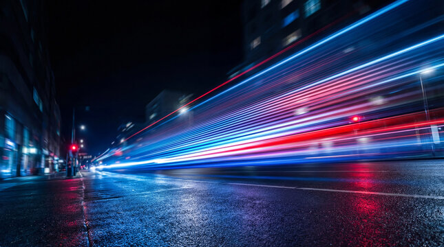 Dynamic long exposure photograph of vibrant red and blue light trails on a wet city street at night.