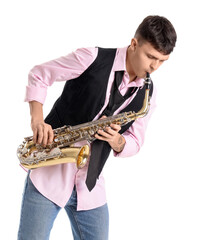 Fototapeta premium Young man playing saxophone on white background