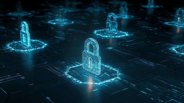 Large digital network segmented by glowing security barriers, zero trust microsegmentation concept