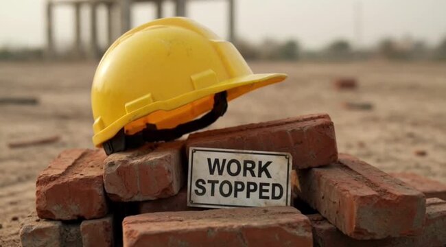 Yellow construction hard hat and a "work stopped" sign placed on bricks at a paused site