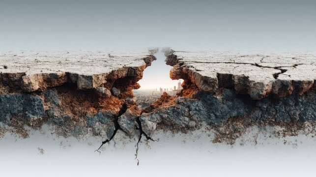 A dramatic depiction of a cracked earth revealing a cityscape symbolizing change or disaster