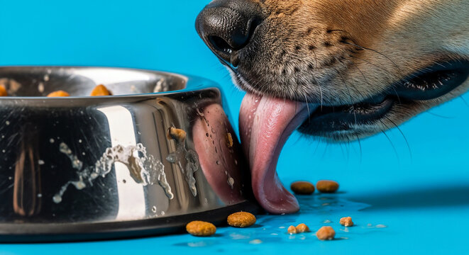 Dog licking plate after meal symbolizing enjoyment and feeding time