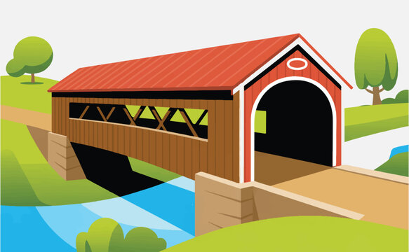  Illustration of a traditional covered bridge in a serene natural setting