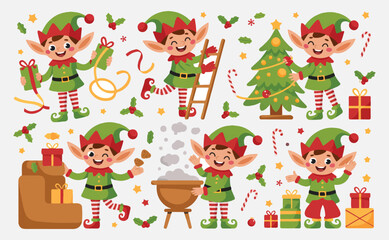 Fototapeta premium Christmas elves at work decorating the tree with gifts and treats