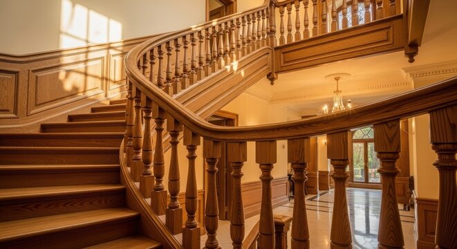 Elegant carved wooden staircase with ornate balusters and a sweeping banister in a grand interior