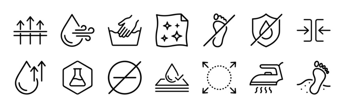 Minimalist monoline product feature icons for textile properties and fabric care. Geometric line art symbols for commercial labeling.