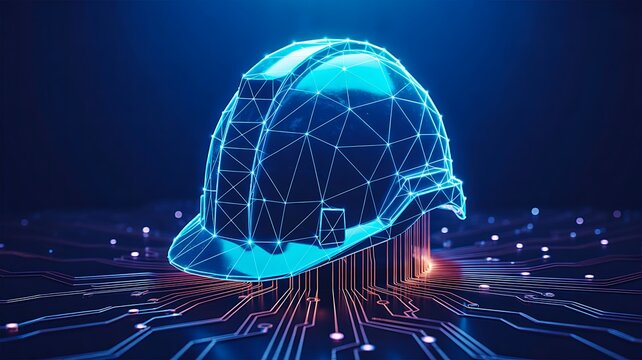 Digital construction helmet with network lines representing industrial safety engineering and smart technology concept