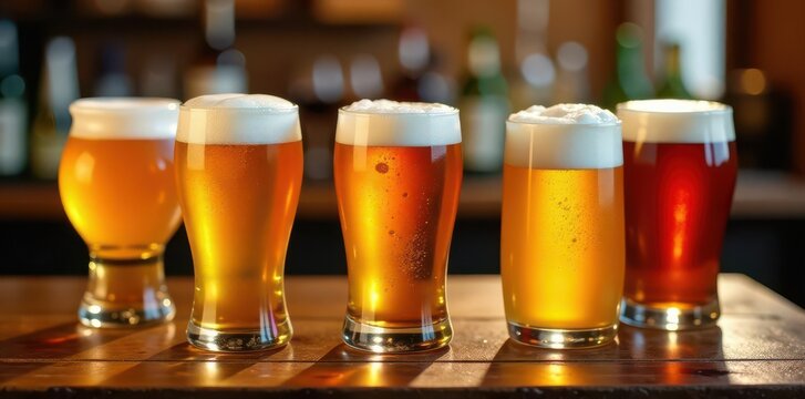Multiple beer glasses, various fills, wooden table background , lager, top view, overhead