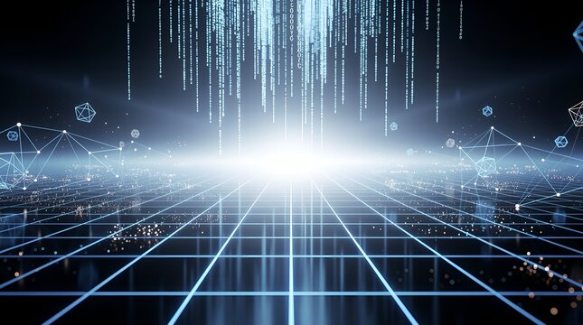Glowing Central Light Burst on Digital Grid Floor for Quantum Computing and Artificial Intelligence Core, Futuristic High-Tech Data Center and Cloud Server Infrastructure Background
