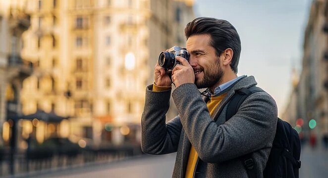 Man photographing outdoors with vintage camera daytime activity