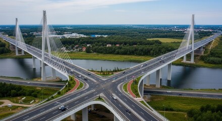 Obraz premium Modern Cable-Stayed Bridge Over River Connects Busy Highways