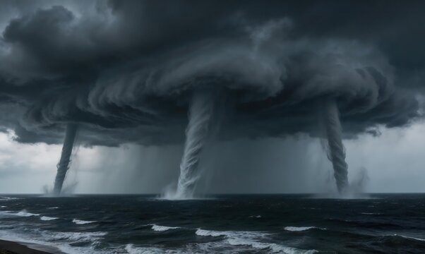 Multiple powerful waterspouts churn above a turbulent sea under a menacing, dark grey storm sky, illustrating the awe-inspiring and destructive force of nature's fury at sea