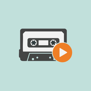 Stylized cassette tape icon with a prominent orange play button overlay