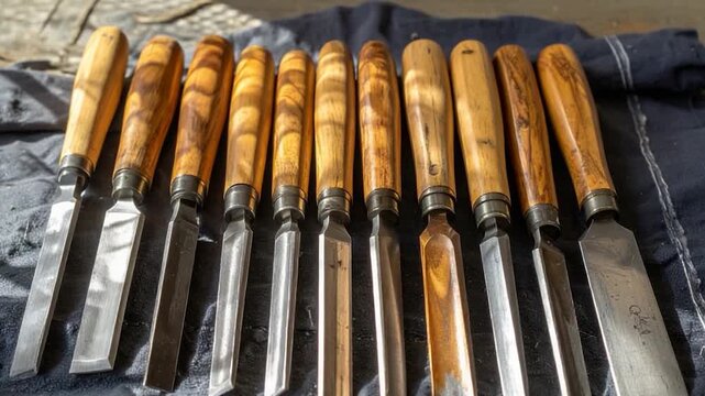 A collection of wood carving tools laid out.  Different blade types with wooden handles arranged