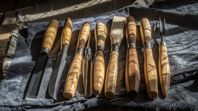 A collection of wood carving tools with wooden handles displayed on a dark grey cloth