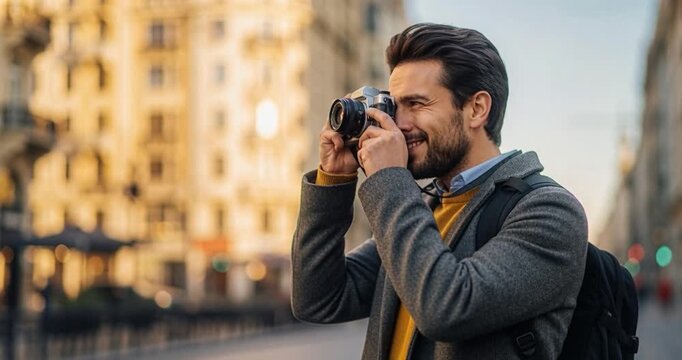 Man taking photograph with camera in urban environment