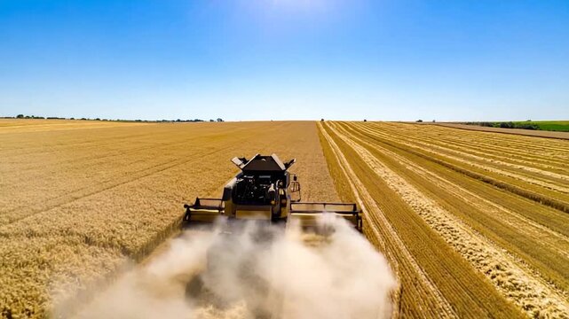 A combine harvester working through a vast golden wheat field under a clear blue sky