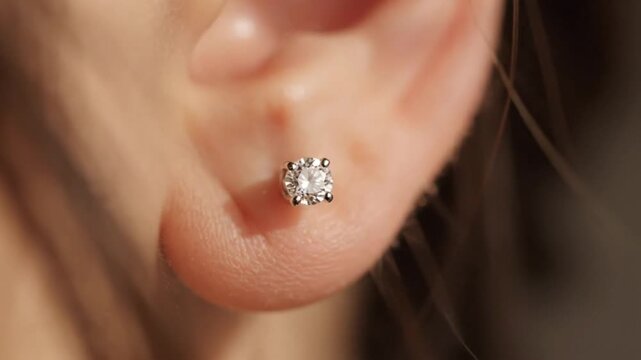 Close-up of a sparkling diamond stud earring on a person's earlobe