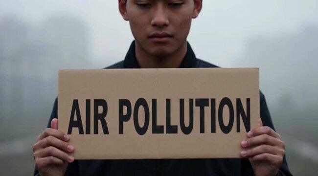 Young individual gravely holds an "Air Pollution" sign, advocating for environmental change and awareness.