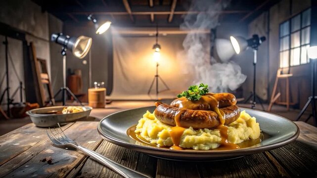 A culinary composition of sausages and mashed potatoes, shot in a studio, with steam and lighting