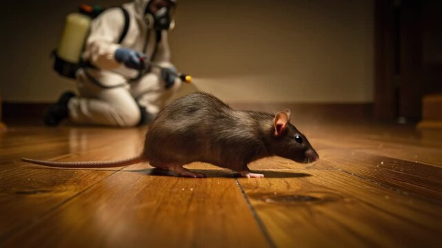 Professional pest control worker spraying insecticide to eliminate rat infestation in home